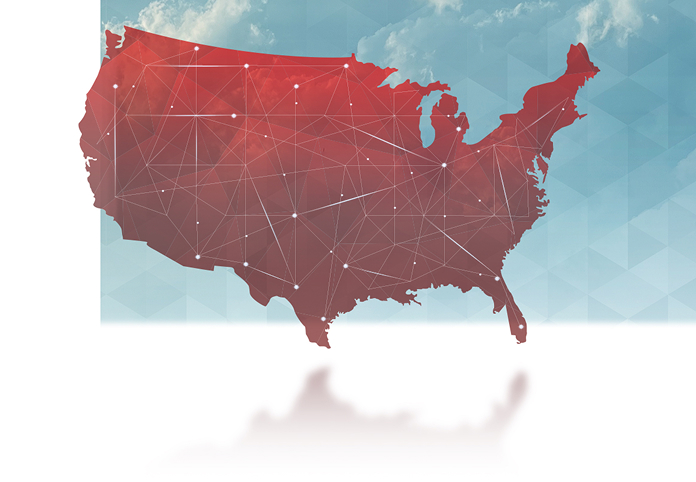 Red map of the USA.