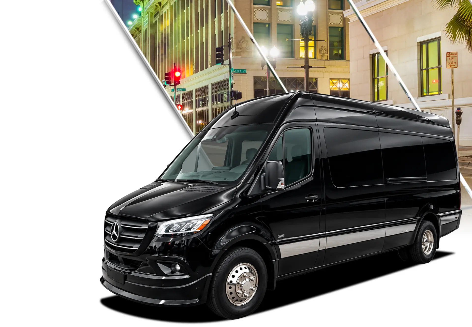 Sprinter Van in front of a bulding.
