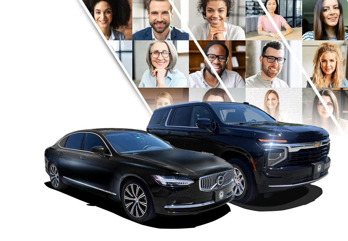 Echo East Coast Transportation black Executive Sedan and SUV-Suburban with a background collage of smiling professional headshots.