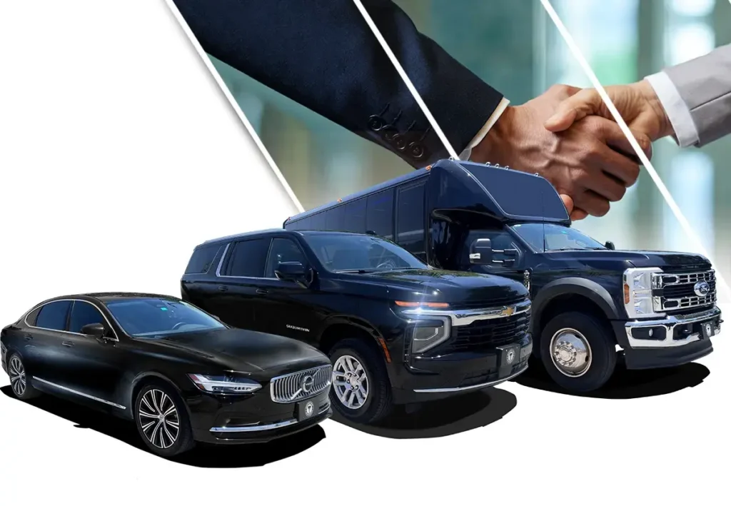 Echo East Coast Transportation lineup of black fleet vehicles: Executive Sedan, SUV-Suburban, and Mini Bus with a background image of a business handshake.