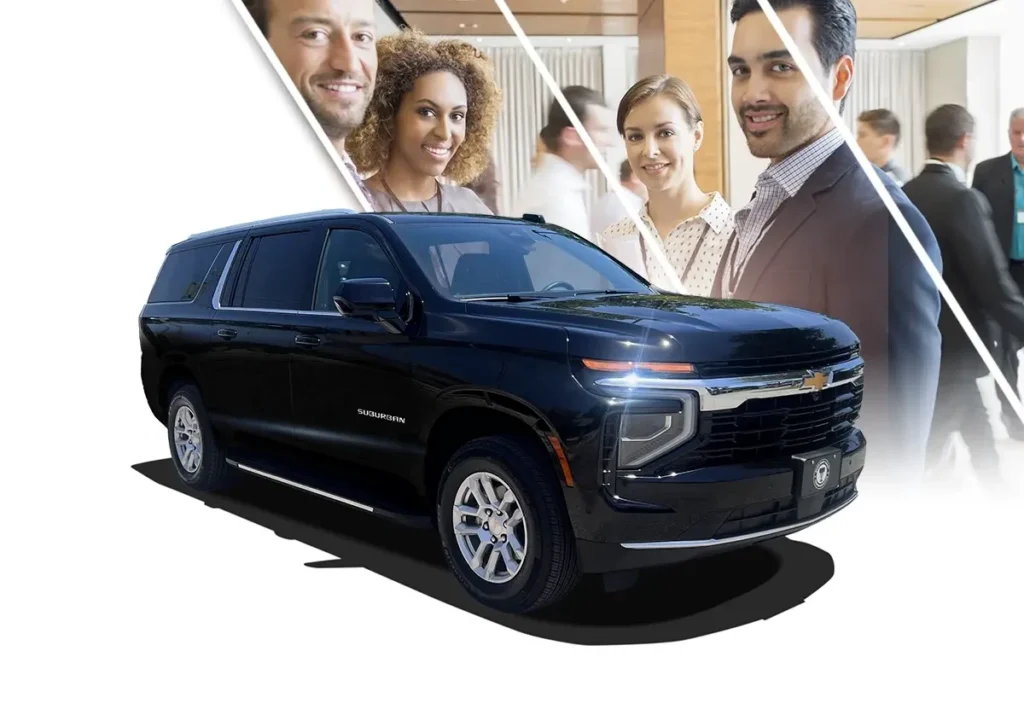 Echo East Coast Transportation SUV-Suburban with a background of smiling business professionals at a conference.
