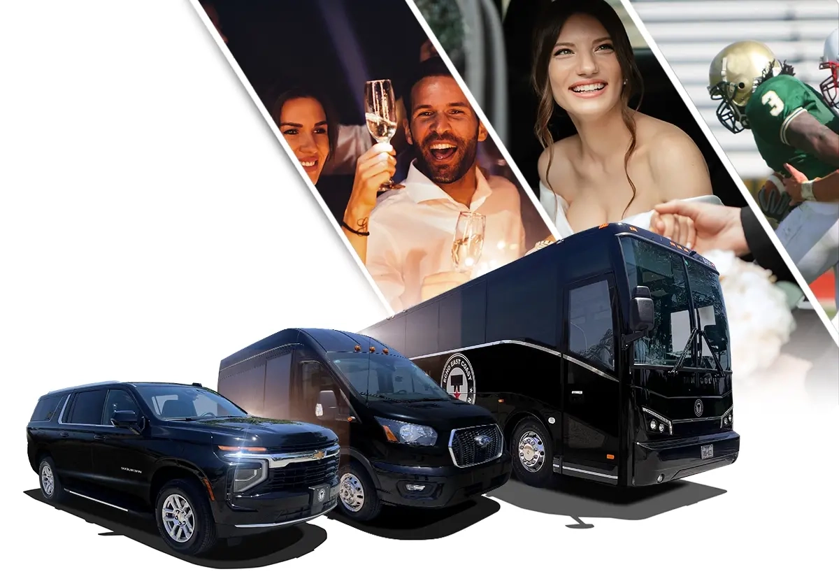 Echo East Coast Transportation fleet line up of SUV-Sedan, Transit Van, and Motorcoach.