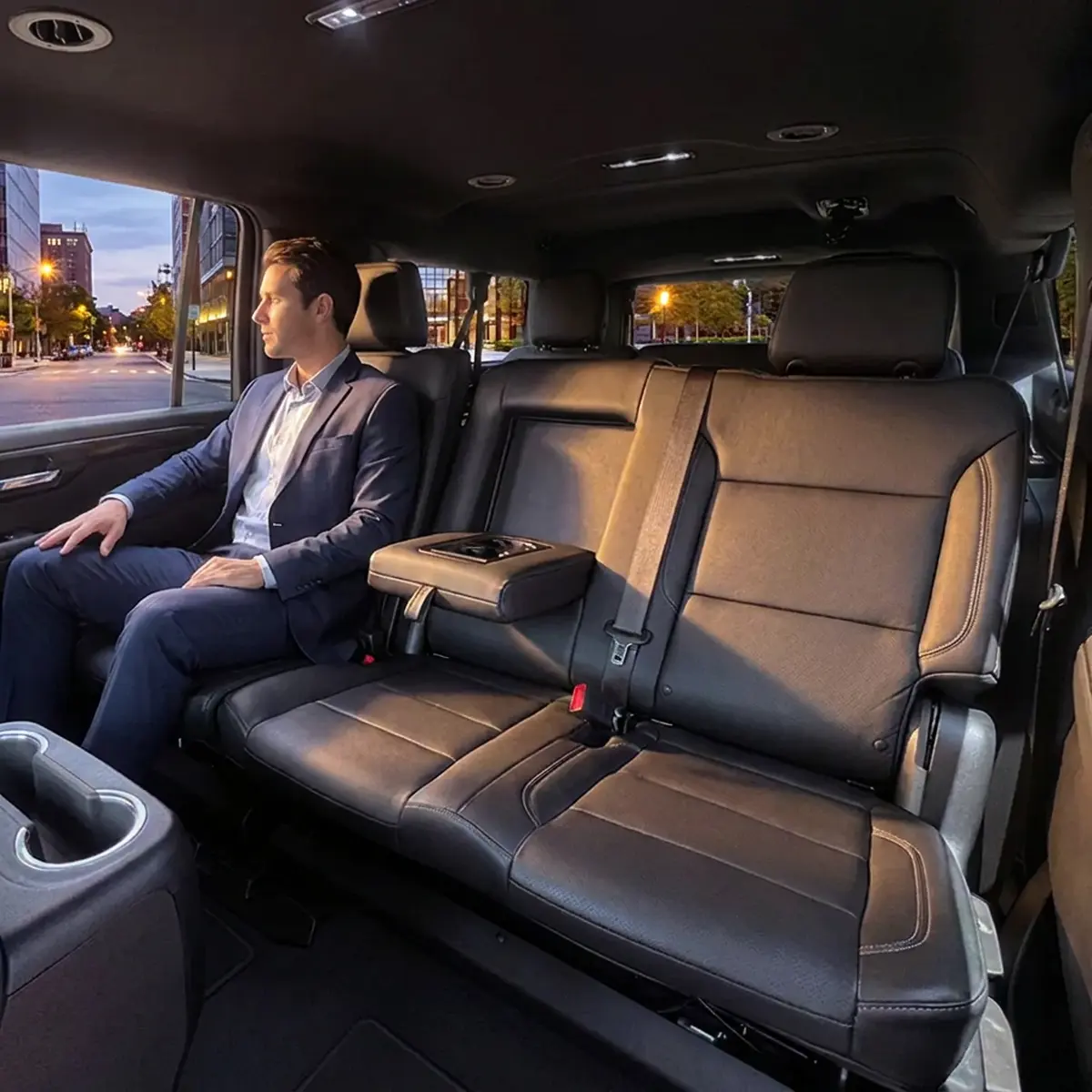 Businessman seated in the back seat of a vehicle looking out at a city street.