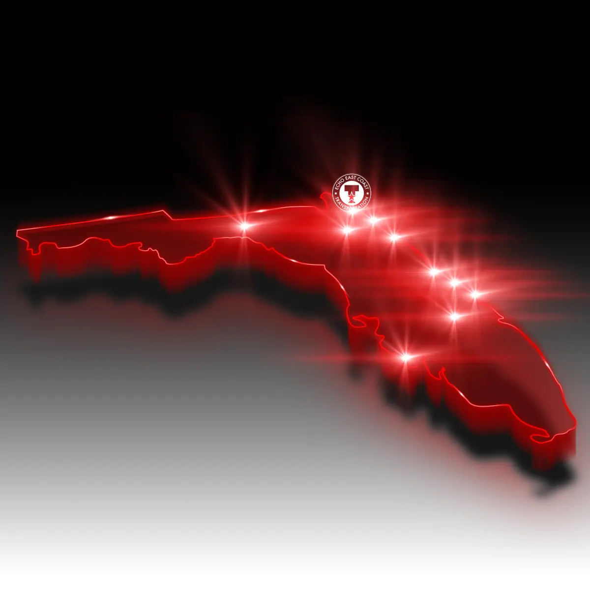 Red image of Florida showing which cities ECHO East Coast Transportation services.