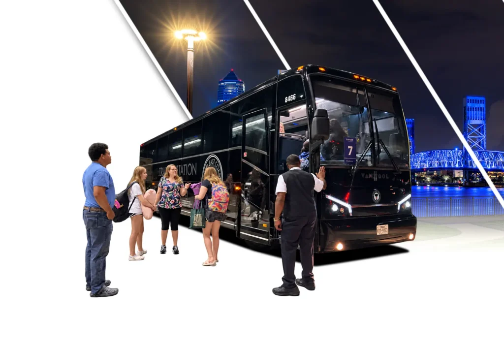 Chauffeur greeting passengers boarding an Echo East Coast Transportation bus at night.