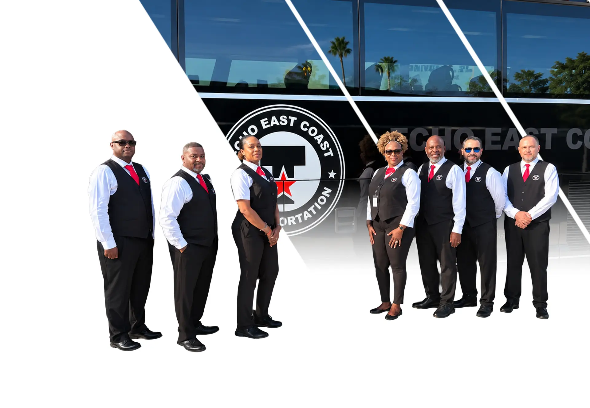 Group of Echo East Coast Transportation chauffeurs standing in front of a company bus.