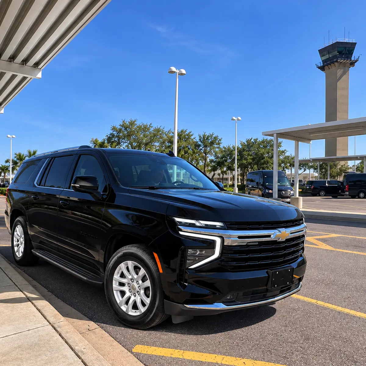 SUV-Suburban parked at an airport curb with the control tower in the background.