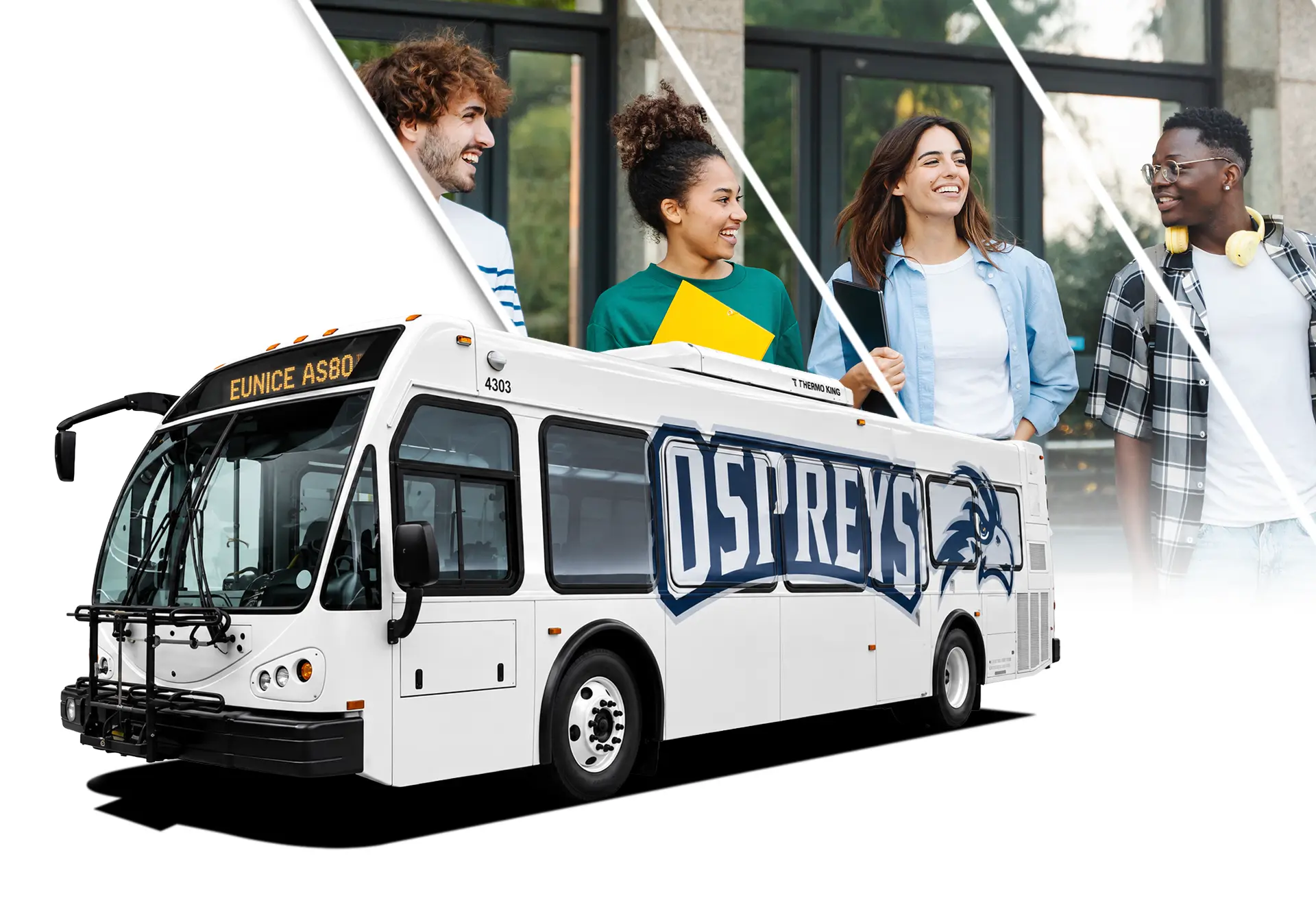 University of North Florida Ospreys shuttle bus with smiling students in the background.